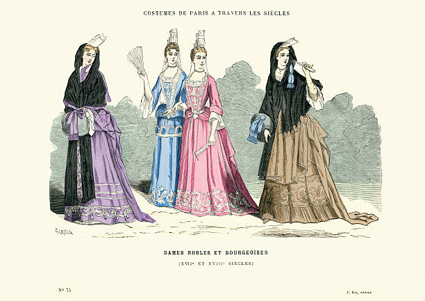 Fashion - Noble ladies and Bourgeoises, France 18th Century Vintage engraving of Noble ladies and Bourgeoises, France 18th Century bodice stock illustrations