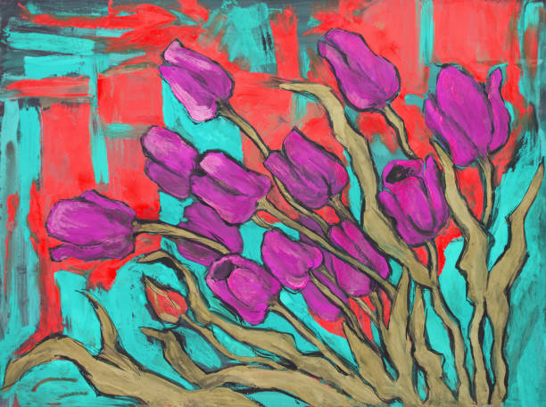 Fashionable illustration modern art work my original oil painting on canvas still life blooming purple tulips vector art illustration