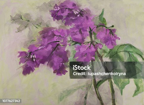 istock Fashionable illustration modern art work my original oil painting on canvas spring still life blooming purple lilac 1077627342