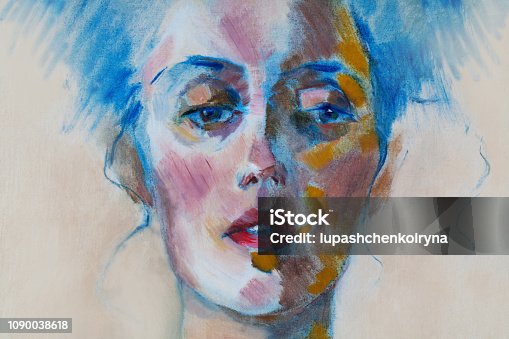 istock Fashionable illustration modern art work my original oil painting on canvas horizontal portrait of a beautiful woman with long hair hairstyle in modern style 1090038618