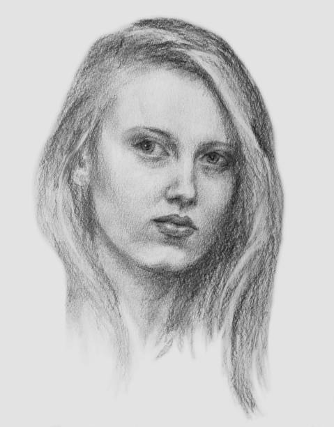 Fashionable illustration modern art work my original vertical pencil drawing on paper impressionism portrait of a young beautiful seductive tender romantic girl  with long hair vector art illustration