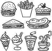 Drawings of fastfood in line art drawing, black and white.