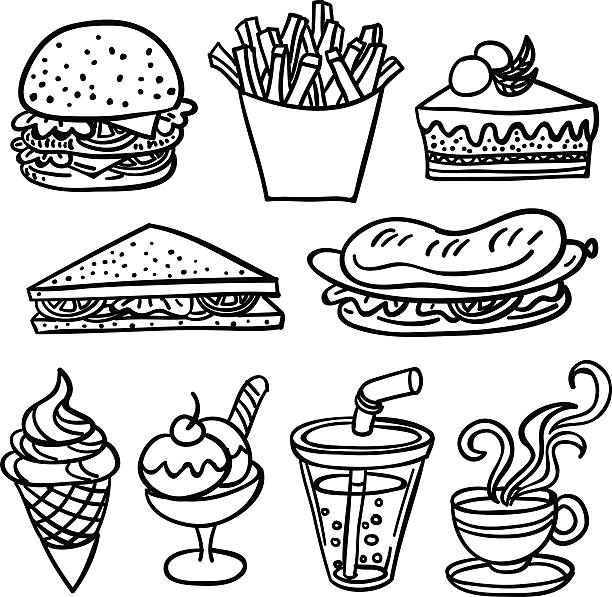 Fastfood collection in Black and White Drawings of fastfood in line art drawing, black and white. sandwich drawings stock illustrations