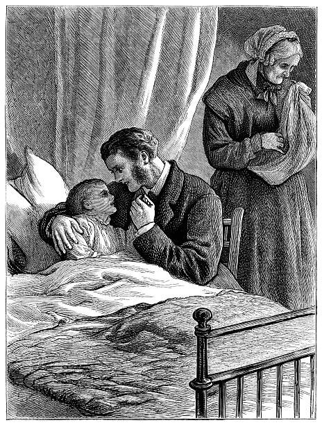 Father and grandmother worrying about sick child (Victorian illustration) An illustration from "The Family Friend" published by S.W. Partridge & Co. (London, 1880). A sick or dying child in bed, with his father comforting him. An elderly woman (his grandmother or his nurse?) sobs in to her apron. old man crying stock illustrations