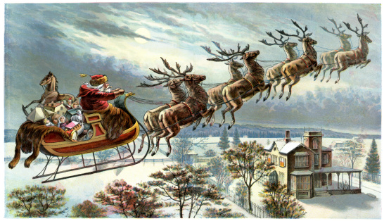 Vintage colour lithograph from 1898 showing Father Christmas and his reindeer flying through the sky