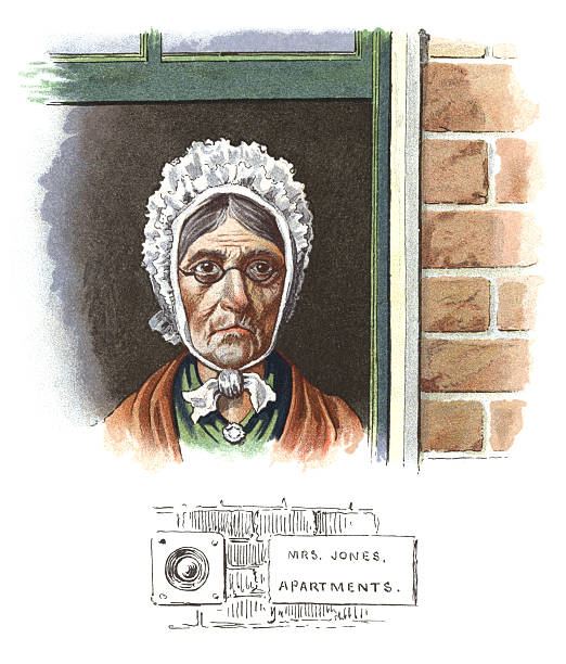 Ferocious Victorian landlady A fierce-looking Victorian seaside landlady, named Mrs Jones, looking out of the window of her boarding house. From “Misadventures at Margate - A Legend of Jarvis’s Jetty” by Thomas Ingoldsby and illustrated by Ernest M Jessop. Printed and published by Eyre & Spottiswoode, London, c1880s. cartoon of a wrinkled old lady stock illustrations