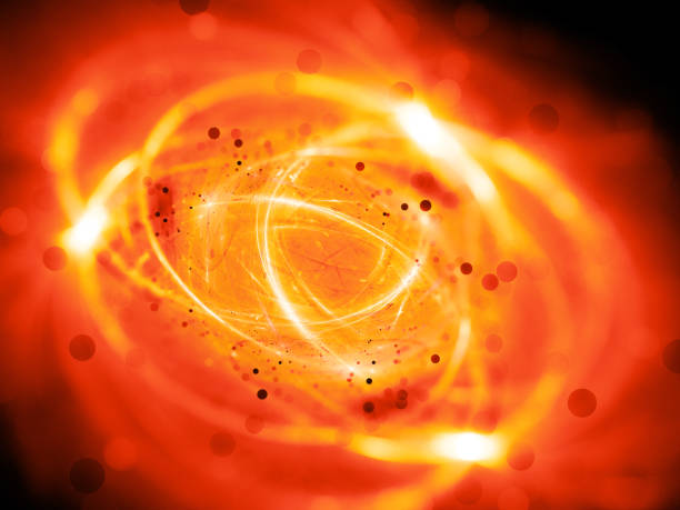 Fiery glowing plasma curves with particles or VPN network Fiery glowing plasma curves with particles or VPN network, computer generated abstract background, 3D rendering nuclear fusion stock illustrations