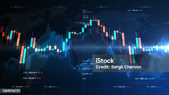 istock Finance background illustration with abstract stock market information and charts over world map and stock indexes. 1369016721