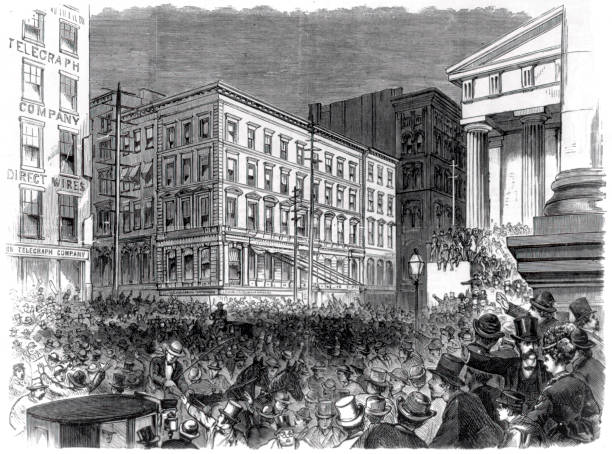 Financial Panic of 1873 Vintage illustration features the Panic of 1873, a financial crisis that triggered an economic depression in Europe and North America that lasted from 1873 until 1877. View showcases a crowd at the intersection of Nassau and Broad Streets in the Manhattan, New York City financial district. wall street stock illustrations