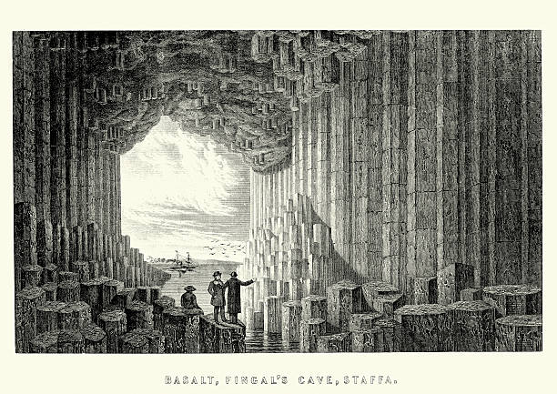 Fingal's Cave, 19th Century Vintage engraving of Fingal's Cave is a basalt sea cave on the uninhabited island of Staffa, in the Inner Hebrides of Scotland, known for its natural acoustics. 19th Century basalt stock illustrations