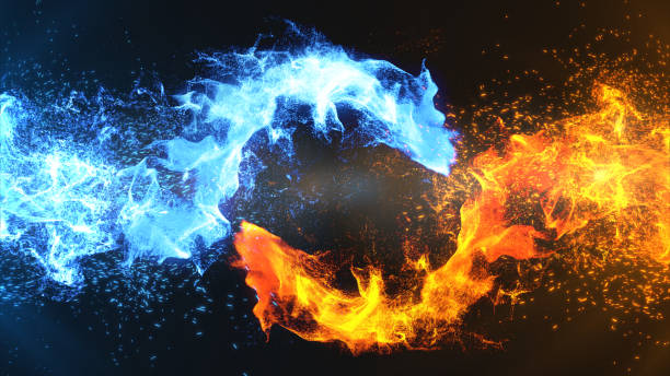 火花を伴う火と氷のコンセプトデザイン。3dイラスト。t"n - 炎点のイラスト素材／クリップアート素材／マンガ素材／アイコン素材