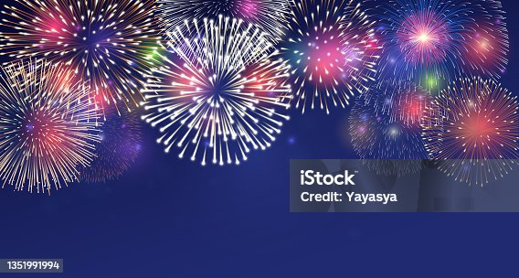 istock Fireworks on twilight background vector illustration. Bright salute explosion with glowing effect isolated on dark blue. 1351991994