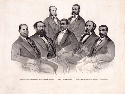 Vintage portrait features the first African-American Senators and Representatives in the 41st and 42nd Congress of the United States, 1869-1873.