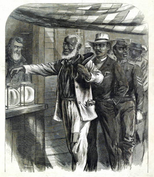 First African-American Vote, 1870 Vintage illustration features Thomas Mundy Peterson, the first African-American to vote in an election, following the newly enacted 15th Amendment to the United States Constitution. His vote was cast on March 31, 1870 in Perth Amboy, New Jersey. voting rights stock illustrations