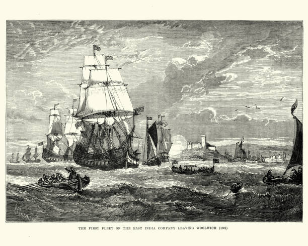 ilustrações, clipart, desenhos animados e ícones de primeira frota da companhia das índias orientais, deixando woolwich, 1601 - leste