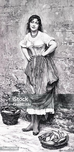 istock Fisherwoman from the Lido leaning against a wall, two baskets with fish at her feet 1368936768