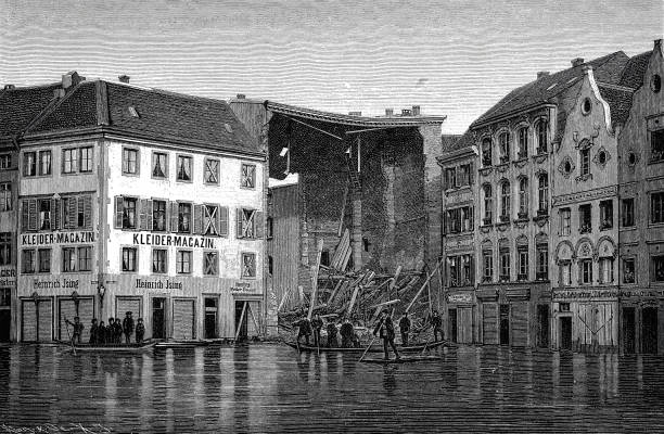 powódź w düsseldorfie listopad 1882: zawalił się dom na burgplatz - sainz stock illustrations