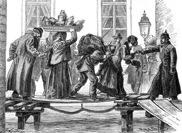 mainz kasım 1882'de sel: ahşap geçitlerde yaya trafiği - sainz stock illustrations