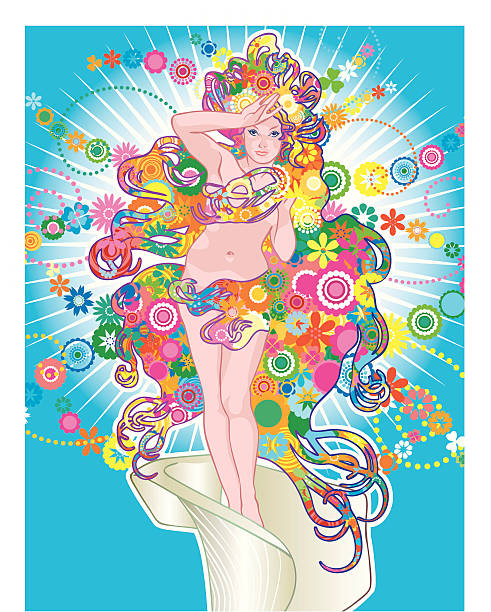 Floral Venus Illustration of a 60's psychedelic floral Venus on a starburst radial background created using gradients and flat colours. botticelli stock illustrations
