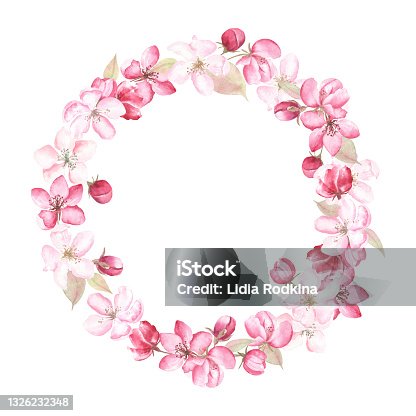 istock Floral wreath of apple blossom painted in watercolor, on white isolated background. 1326232348