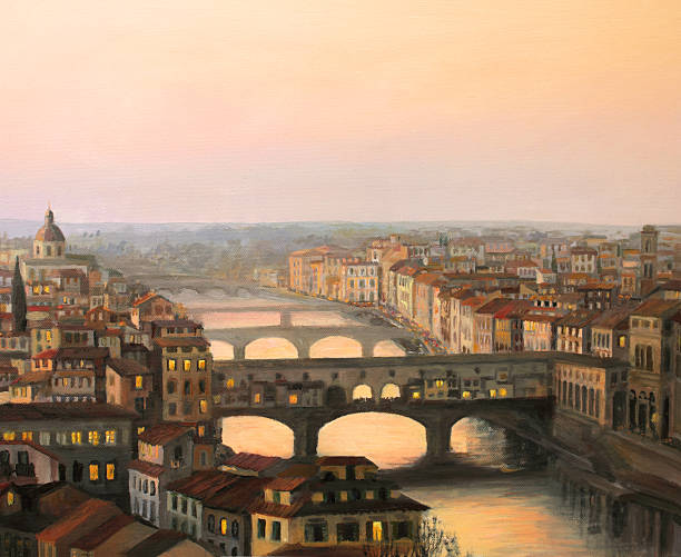 Florence Ponte Vecchio Sunset over Florence with ponte vecchio in the warm light, painted on the canvas by me Kiril Stanchev. florence italy stock illustrations