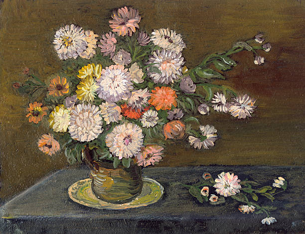 Flower arrangement My own artwork,oil painting of multicolored dahlias on a table and dark textured background still life stock illustrations