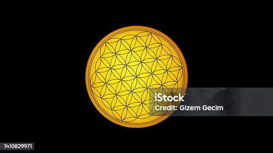 istock Flower of life symbol on a yellow sun background, NASA Sun manipulated image, sacred geometry. Elements of this image furnished by NASA. 1410829971