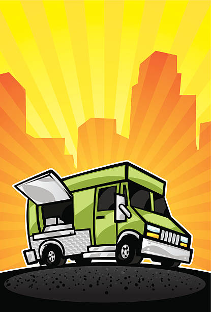 food truck background food truck with a city scape behind it and lots of copyspace food truck stock illustrations