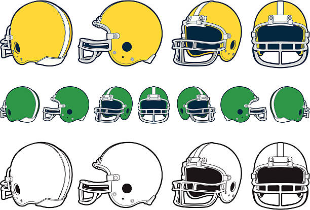 Football Helmet "A vector illustration of the front, side, front 3/4, and back 3/4 view of a football helmet.  The bottom row of helmets on the page are 1 color versions." helmet stock illustrations