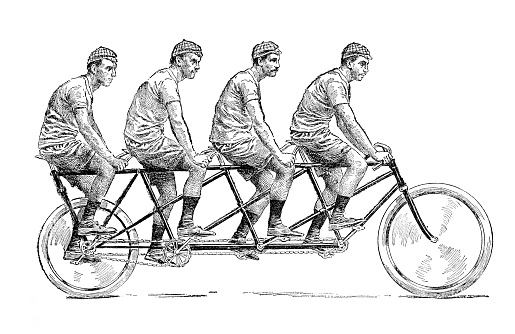 Four men riding one bicycle 1894
Original edition from my own archives
Source : La ilustración artística 1894