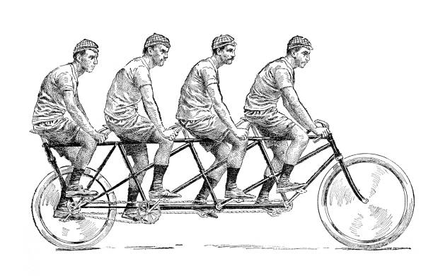 Four men riding one bicycle 1894 vector art illustration