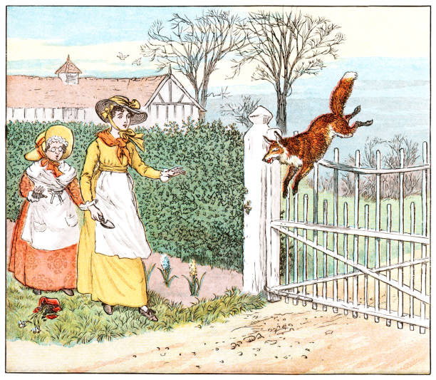 A fox taking a flying leap over a garden gate - much to the surprise of two women who are working there. In fact, the old lady is so startled that she has dropped and broken a flowerpot! The fox is being chased by huntsmen and hounds (not shown.) From “The Fox Jumps Over the Parson’s Gate” by Randolph Caldecott (1846-1886). Published by George Routledge & Sons, London, in 1883.