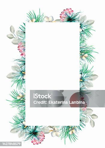 istock Frame of coniferous branch, needles, berries watercolor illustration isolated on white. 1427848579