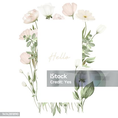 istock Frame of greenery and white wildflowers, illustration on white background 1414281890