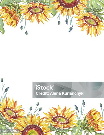 istock Frame. Watercolor sunflowers 1401516948