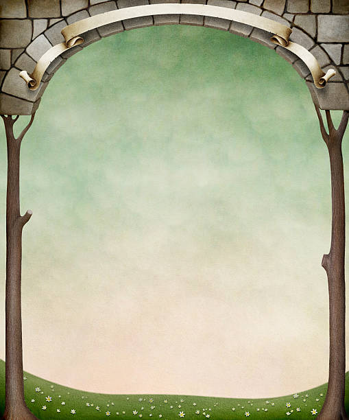 stockillustraties, clipart, cartoons en iconen met framed stone arches and trees. - grass texture