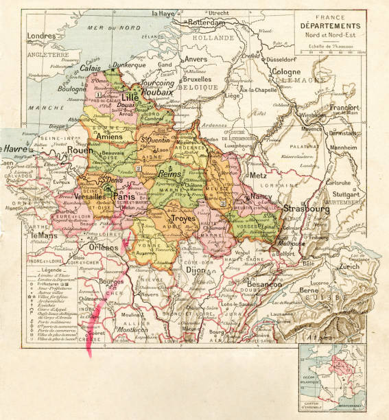 illustrations, cliparts, dessins animés et icônes de carte des régions du nord et du nord-est de la france 1887 - reims