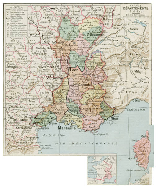 illustrazioni stock, clip art, cartoni animati e icone di tendenza di mappa delle regioni sud-orientali della francia del 1887 - savoia