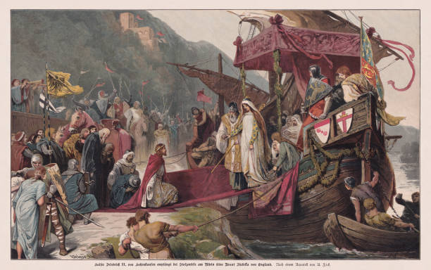 stockillustraties, clipart, cartoons en iconen met frederick ii receives isabella of england (1235), color woodcut, 1897 - castle couple