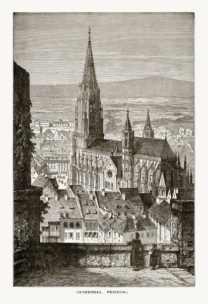 фрайбургский собор в брейсгау, германия, около 1887 года - freiburg stock illustrations