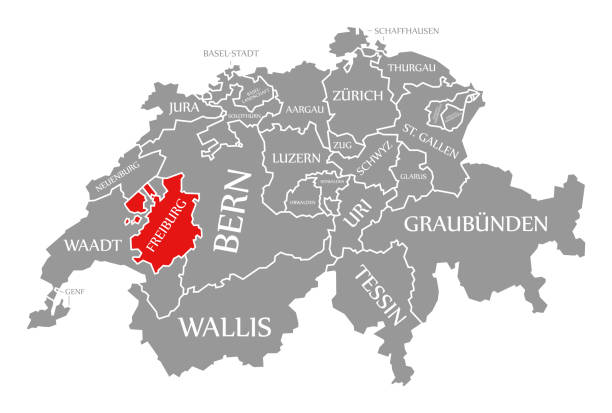freiburg rot hervorgehoben in der karte der schweiz - freiburg stock-grafiken, -clipart, -cartoons und -symbole