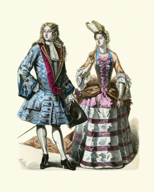 French lord and lady, Louis XIV of France, History fashion Vintage illustration of French lord and lady, Louis XIV of France, History fashion, 18th Century bodice stock illustrations