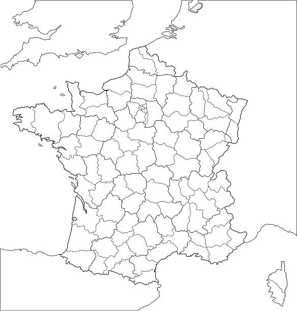 French regional map-line version. "A map of France, showing all the major administrative regions , as well as the sub-divisions of the regions." lorraine stock illustrations