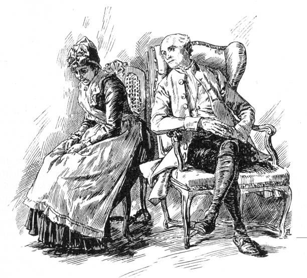 Full of shame she tells her husband Engravings from the 1850 novel Handel en wandel by F.W. Hacklander showing domestic life in the mid 19th century in the 1886 Dutch edition french maid outfit stock illustrations