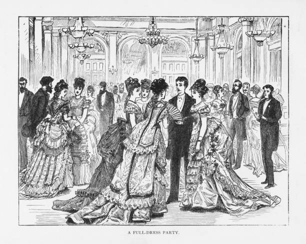 Full-Dress Party Victorian Engraving, 1879 Very Rare, Beautifully Illustrated Antique Engraving of Full-Dress Party Victorian Engraving, 1879, 1879. Source: Original edition from my own archives. Copyright has expired on this artwork. Digitally restored. bodice stock illustrations