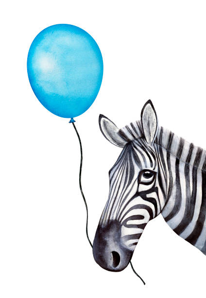 bildbanksillustrationer, clip art samt tecknat material och ikoner med rolig zebra karaktär har en sträng med en blå holiday ballong i munnen. - horse working