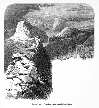 Very Rare, Beautifully Illustrated Antique Engraving of General View of Yosemite from the Summit of Cloud’s Rest, Yosemite Valley, Yosemite National Park, Sierra Nevada, California, American Victorian Engraving, 1872. Source: Original edition from my own archives. Copyright has expired on this artwork. Digitally restored.