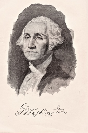 Portrait of George Washington, first U.S. President. Washington was a commanding officer in the Continental U.S. Army during the Revolutionary War against the British. From Virginia, Washington was born February 22, 1732, and died December 14, 1799. Signature. Illustration published in The New Eclectic History of the United States by M. E. Thalheimer (American Book Company; New York, Cincinnati, and Chicago) in 1881 and 1890. Copyright expired; artwork is in Public Domain.