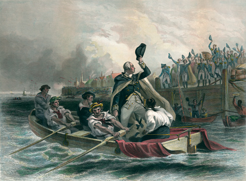 Vintage illustration depicts General George Washington leaving Whitehall Ferry on December 4, 1783, to the cheers and waves of his officers. Earlier that day, Washington left his fellow generals, Knox, Steuben, Greene, and then-Colonel Hamilton, at New York's famed Francis Tavern where he informed them that he will be resigning his commission and returning to civilian life. However, in 1789, Washington was coaxed out of retirement and elected as the first president of the United States, a position he held until 1797.