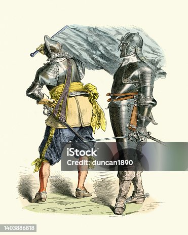 istock German soldiers from the 17th Century, Armour, Sword, Flag, Standard bearer, Military History Uniforms and Weapons 1403886818